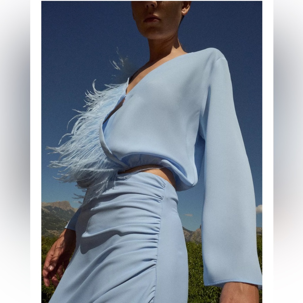 Zara Light Blue Feathered Blouse